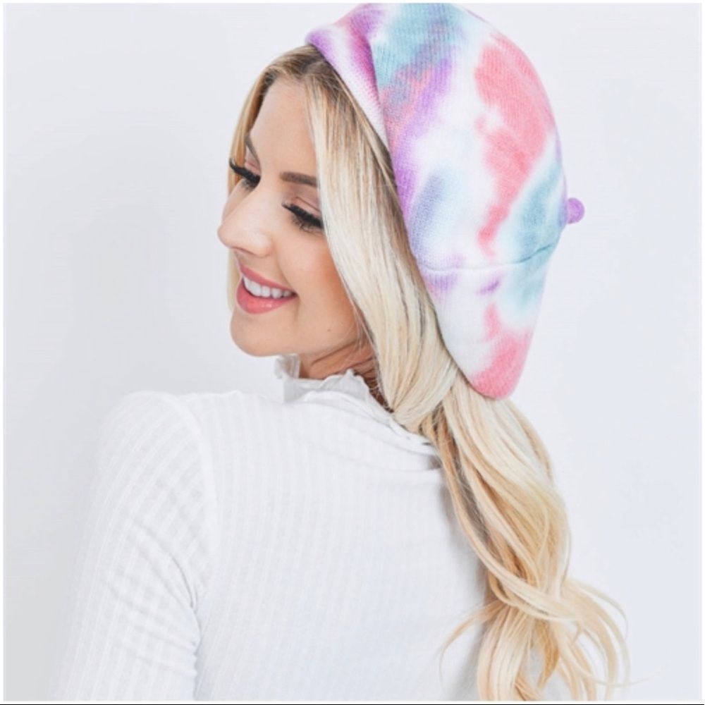 Butterfly Dsigns Pastel Tie Dye Beret Hat